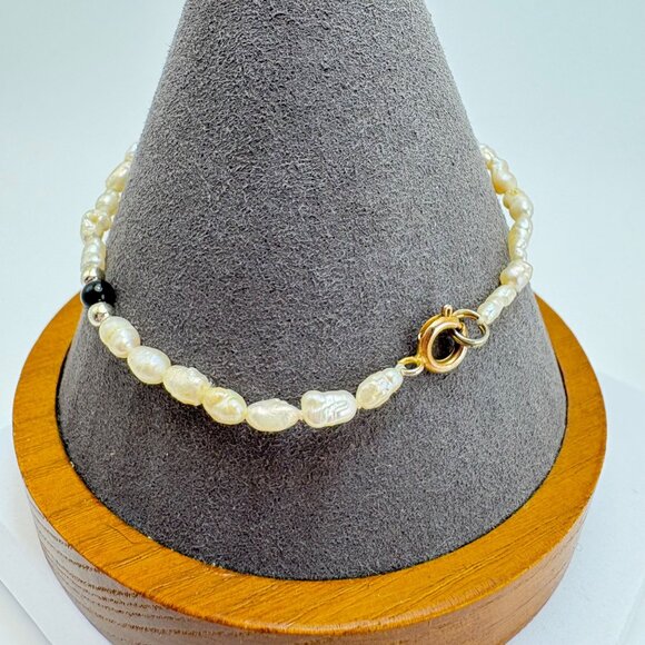 Biwa Pearl Cabochon Black Onyx Beaded Bracelet Spring Ring Clasp 7.25" Length - Picture 4 of 11